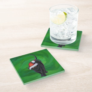 Posavasos De Vidrio Gato negro navidad en verde