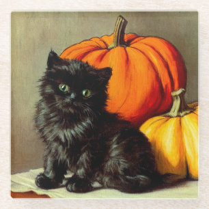 Posavasos De Vidrio Gato negro vintage de Halloween y calabazas