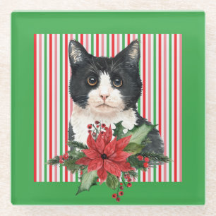 Posavasos De Vidrio Gato negro y blanco acuarela & flor de Pascua