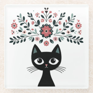 Posavasos De Vidrio Gato negro y flores