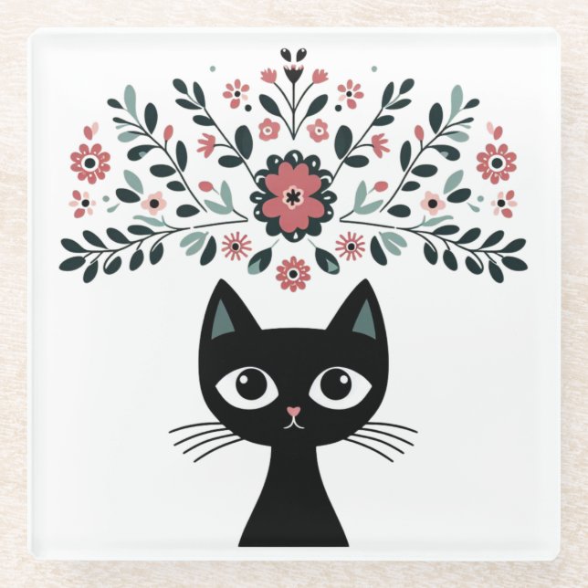 Posavasos De Vidrio Gato negro y flores (Anverso)