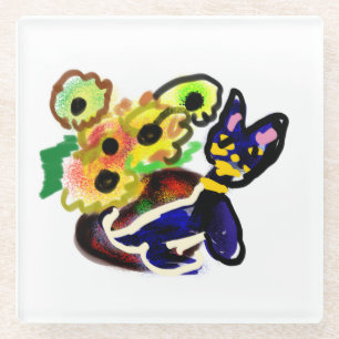 Posavasos De Vidrio Gato negro y girasoles