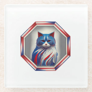Posavasos De Vidrio Gato Patriótico Rojo Blanco & Azul En Marco