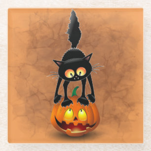 Posavasos De Vidrio Gato Personalizado asustado de Halloween en calaba
