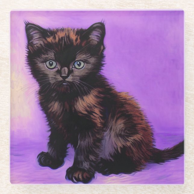 Posavasos De Vidrio Gato púrpura estilo Van Gogh (Anverso)