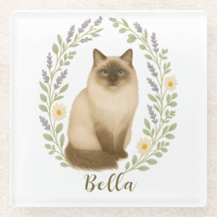 Posavasos De Vidrio Gato Ragdoll Floral Marco Nombre Personalizado