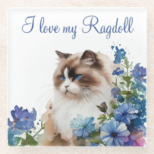 Posavasos De Vidrio Gato Ragdoll Mascota Acuarela y Flores Azules