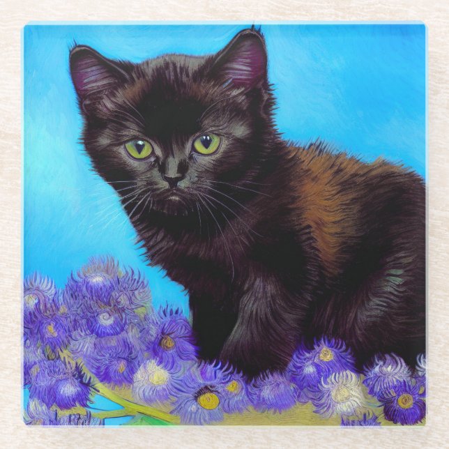 Posavasos De Vidrio Gato Van Gogh y flores (Anverso)