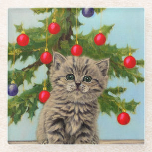 Posavasos De Vidrio Gato vintage y árbol de Navidad