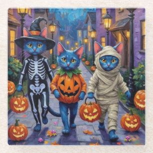 Posavasos De Vidrio Gatos Azules Rusos con Disfraces de Halloween