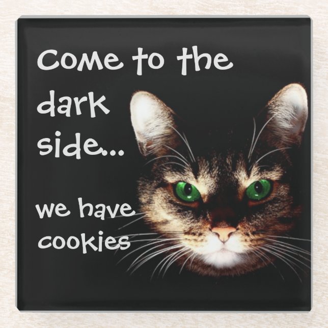 Posavasos De Vidrio Gatos Badass - "El lado oscuro tiene cookies" (Anverso)