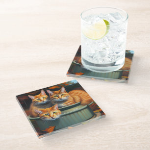 Posavasos De Vidrio Gatos De Jengibre En Pintura De Aceite De Pota,