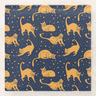 Posavasos De Vidrio Gatos divertidos, estrellas, patrón espacial.