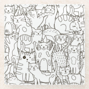 Posavasos De Vidrio Gatos Doodle: blanco y negro.
