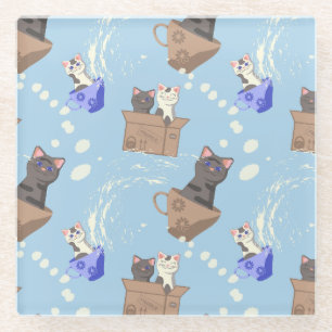 Posavasos De Vidrio Gatos en caja y gotas de leche en azul