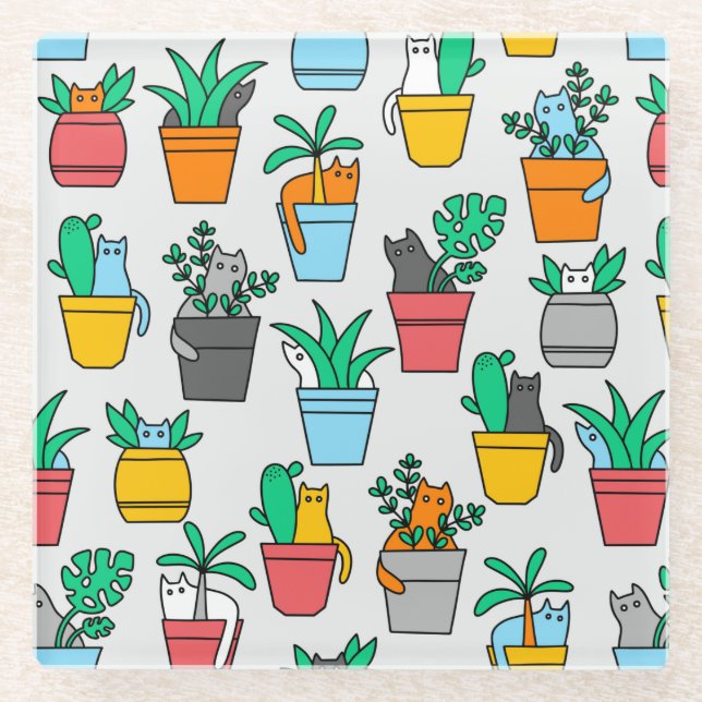 Posavasos De Vidrio Gatos en macetas de flores (Anverso)