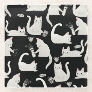 Posavasos De Vidrio Gatos malos tocando cosas, gatos blancos sobre neg