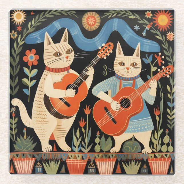 Posavasos De Vidrio Gatos musicales arte popular (Anverso)