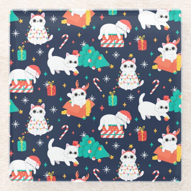 Posavasos De Vidrio Gatos Navidades cortos (Anverso)