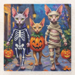 Posavasos De Vidrio Gatos Sphynx haciendo 'trick-or-treat' con disfraz