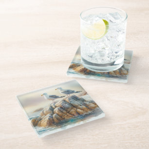 Posavasos De Vidrio Gaviotas Costeras Acuarela Paisaje Marítimo