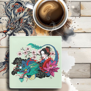 Posavasos De Vidrio Geisha asiática Dragón Flor de Cerezo Azul