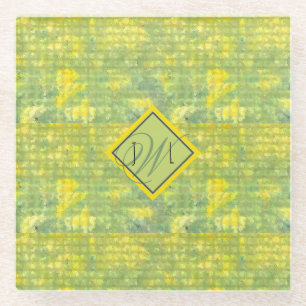 Posavasos De Vidrio Geométrico de abstracto amarillo y verde monograma