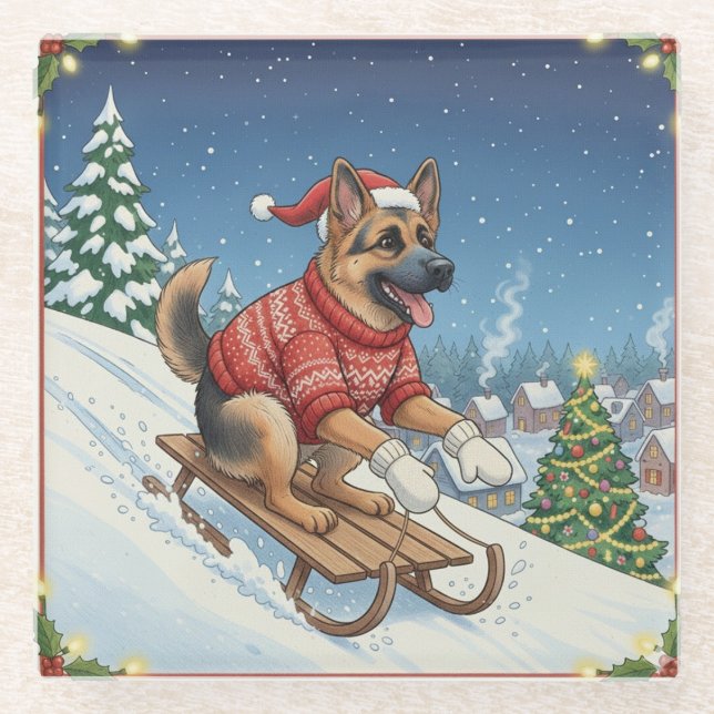 Posavasos De Vidrio German Shepherd Sledding, Christmas Coaster (Anverso)