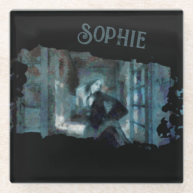 Posavasos De Vidrio Ghost Girl in Blue – Haunting Surreal Art (Anverso)