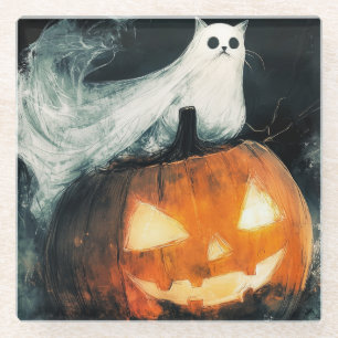 Posavasos De Vidrio GhostCat de Halloween y Jack o Lantern