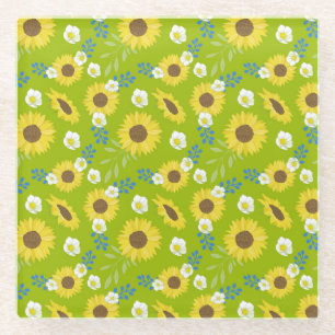 Posavasos De Vidrio Girasol Amarillo Fondo Verde Flor Floral