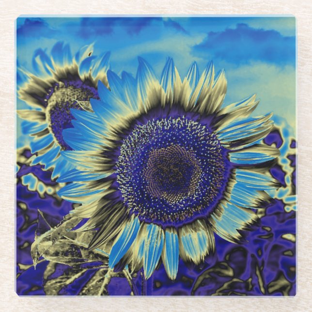 Posavasos De Vidrio Girasol azul (Anverso)
