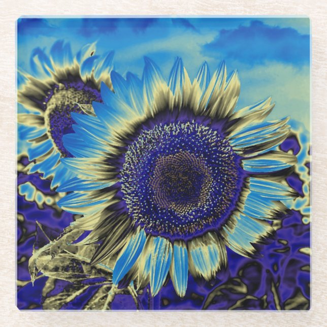 Posavasos De Vidrio Girasol azul (Anverso)