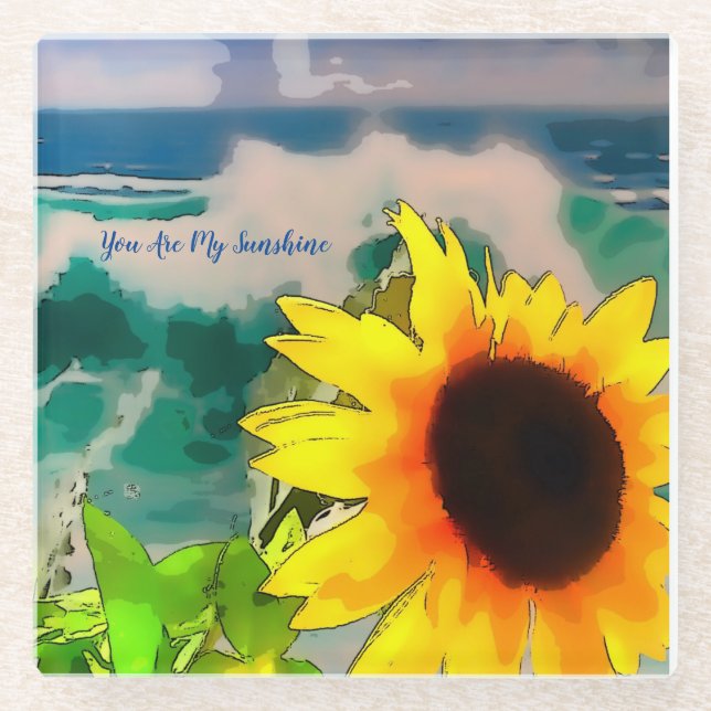 Posavasos De Vidrio Girasol en la playa tú eres mi sol (Anverso)