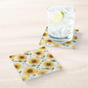 Posavasos De Vidrio Girasoles Amarillos Acuarela Floral Caprichosa