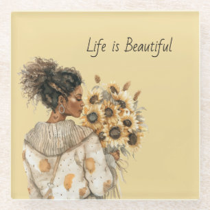 Posavasos De Vidrio Girasoles Amarillos Mujer Negra