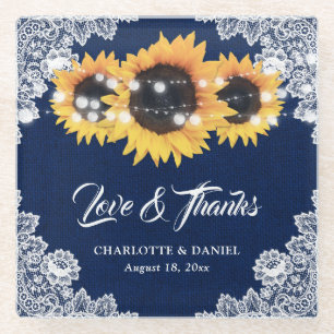 Posavasos De Vidrio Girasoles Azul Marino Arpillera Encaje Floral Boda