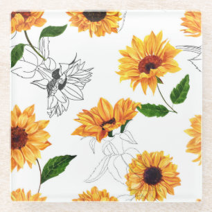 Posavasos De Vidrio girasoles dibujados a mano: patrón amarillo vibran