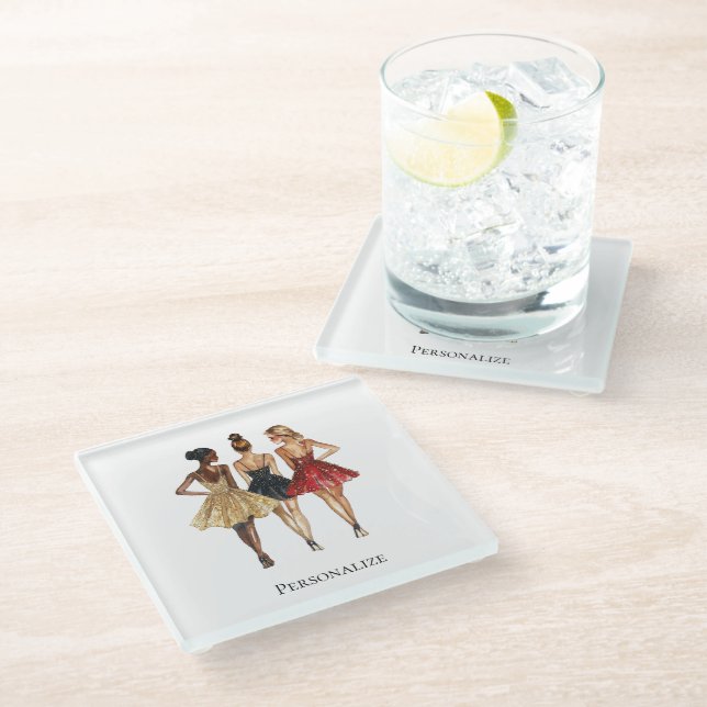 Posavasos De Vidrio Girls in Glam Gold Black Red Dresses (Angular)