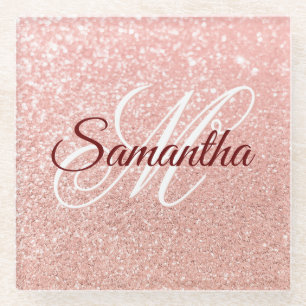 Posavasos De Vidrio Girly Faux Rosa Purpurina de oro Monogramed