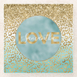 Posavasos De Vidrio Girly Mint Watercolor Gold Leopard Print Love