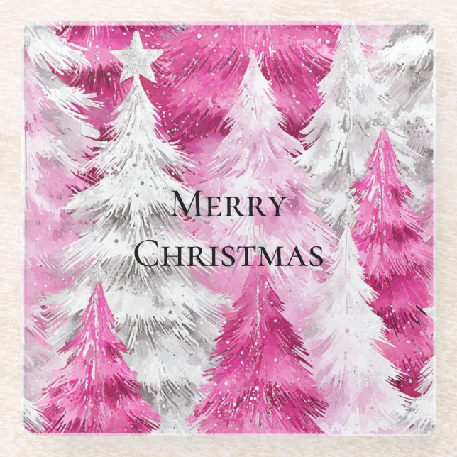 Posavasos De Vidrio Girly Pink Silver Glam Christmas Trees Stripes (Anverso)