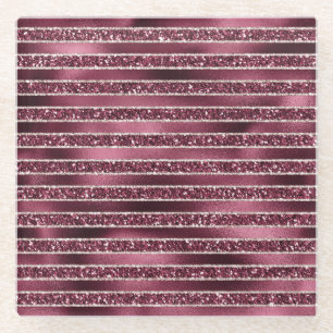 Posavasos De Vidrio Glam Burgundy Red Rose Rubor Purpurinas Stripes