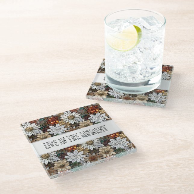 Posavasos De Vidrio Glam Champagne Flores blancas rojas de oro (Angular)