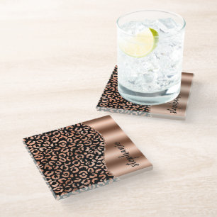 Posavasos De Vidrio Glam Faux Relieve metalizado Leopard Spots Rosa Go
