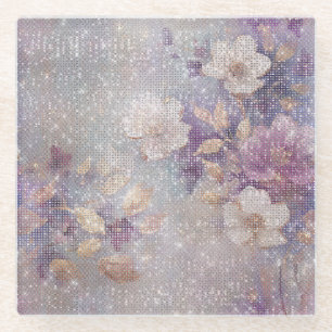 Posavasos De Vidrio Glam Gold Purple Floral Sparkle Cumpleaños