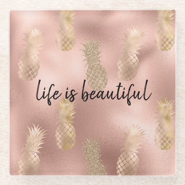 Posavasos De Vidrio Glam Pink Gold Pineapples (Anverso)