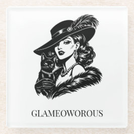 Posavasos De Vidrio Glam Woman with Cat Fashion Illustration