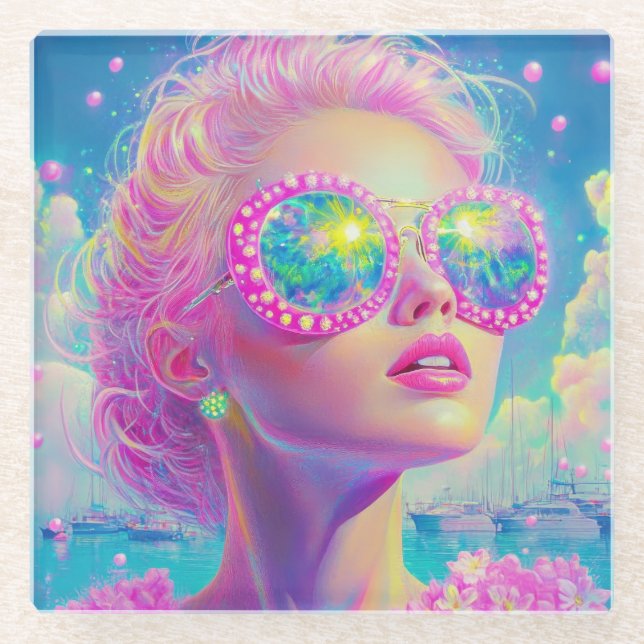 Posavasos De Vidrio Glamorosa mujer neón con gafas de espuma (Anverso)