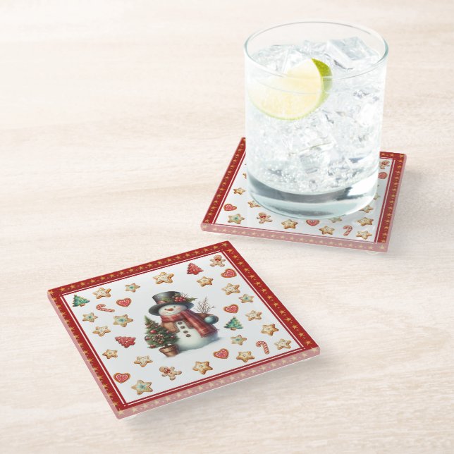 Posavasos De Vidrio Glass Coaster Snowman and Christmas Cookies Red (Angular)